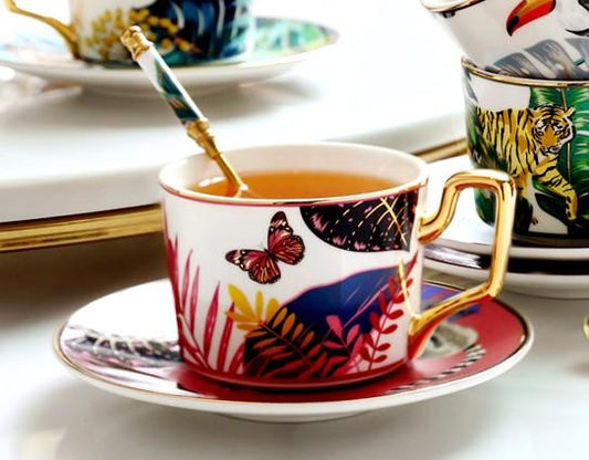 Butterfly Pattern Porcelain Coffee Cups, Coffee Cups with Gold Trim and Gift Box, Tea Cups and Saucers