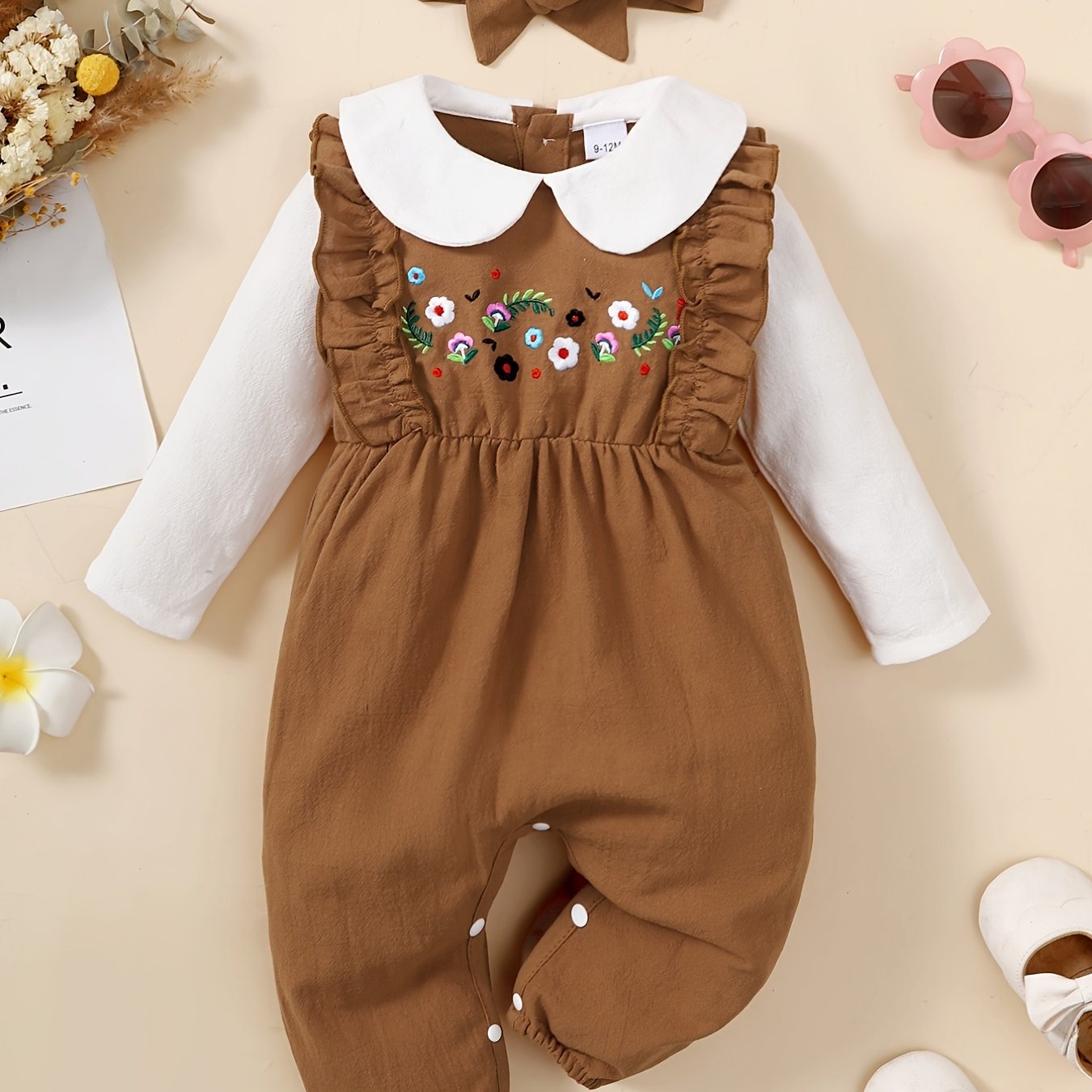 Newborn Infant Romper Flower Embroidery Long Sleeve Doll Collar Ruffle Jumpsuit & Headband For Baby Girls Kids Clothes