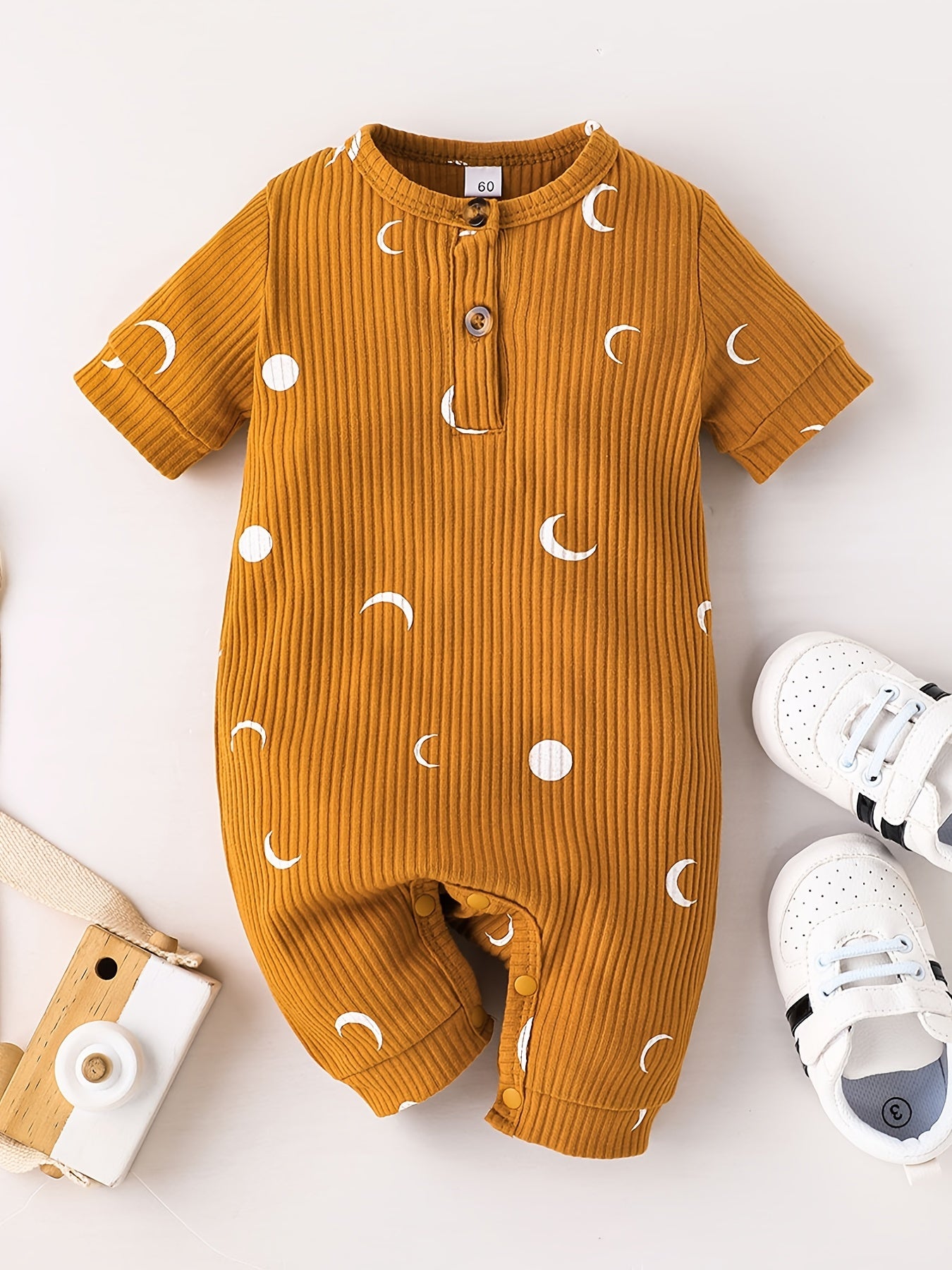 Unisex Baby Short Sleeve Ribbed Romper, Moon Print Bodysuit Onesie, Baby Clothes Baby Layette Sets