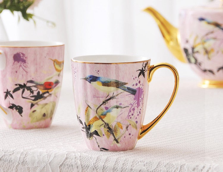 Elegant Pink Ceramic Coffee Mug, Beautiful Bird Flower Ceramic Mug, Large Creative Bone China Porcelain Mug, Large Capacity Ceramic Mugs for Office