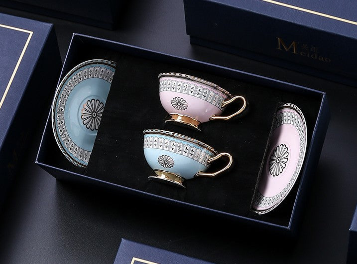 Royal Blue and Pink Bone China Porcelain Tea Cup Set, Tea Cups and Saucers in Gift Box, Elegant Ceramic Coffee Cups, Beautiful British Tea Cups