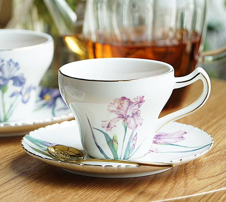 Iris Flower British Tea Cups, Beautiful Bone China Porcelain Tea Cup Set, Traditional English Tea Cups and Saucers, Unique Ceramic Coffee Cups in Gift Box