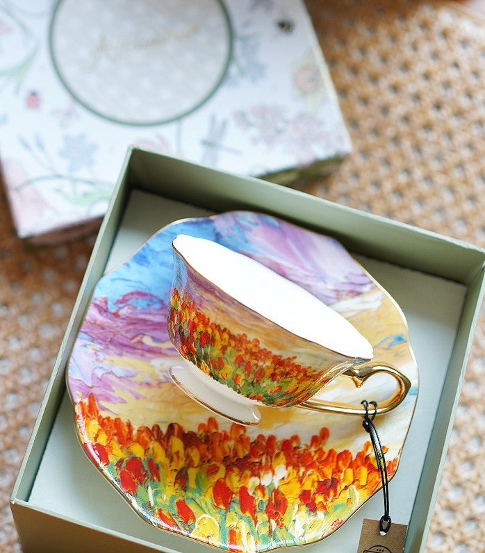 Elegant Ceramic Coffee Cups, Flower Field Vintage Bone China Porcelain Tea Cup Set, Unique British Tea Cup and Saucer in Gift Box, Royal Ceramic Cups