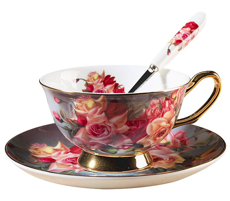Ceramic Tea Cups and Saucers in Gift Box, Rose Flower Royal Bone China Porcelain Tea Cup Set, Elegant Ceramic Coffee Cups, Beautiful British Tea Cups