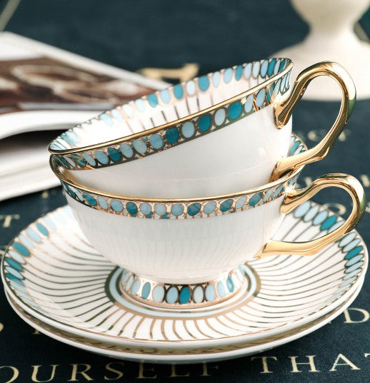 Unique Tea Cup and Saucer in Gift Box, Elegant British Ceramic Coffee Cups, Bone China Porcelain Tea Cup Set for Office, Green Ceramic Cups