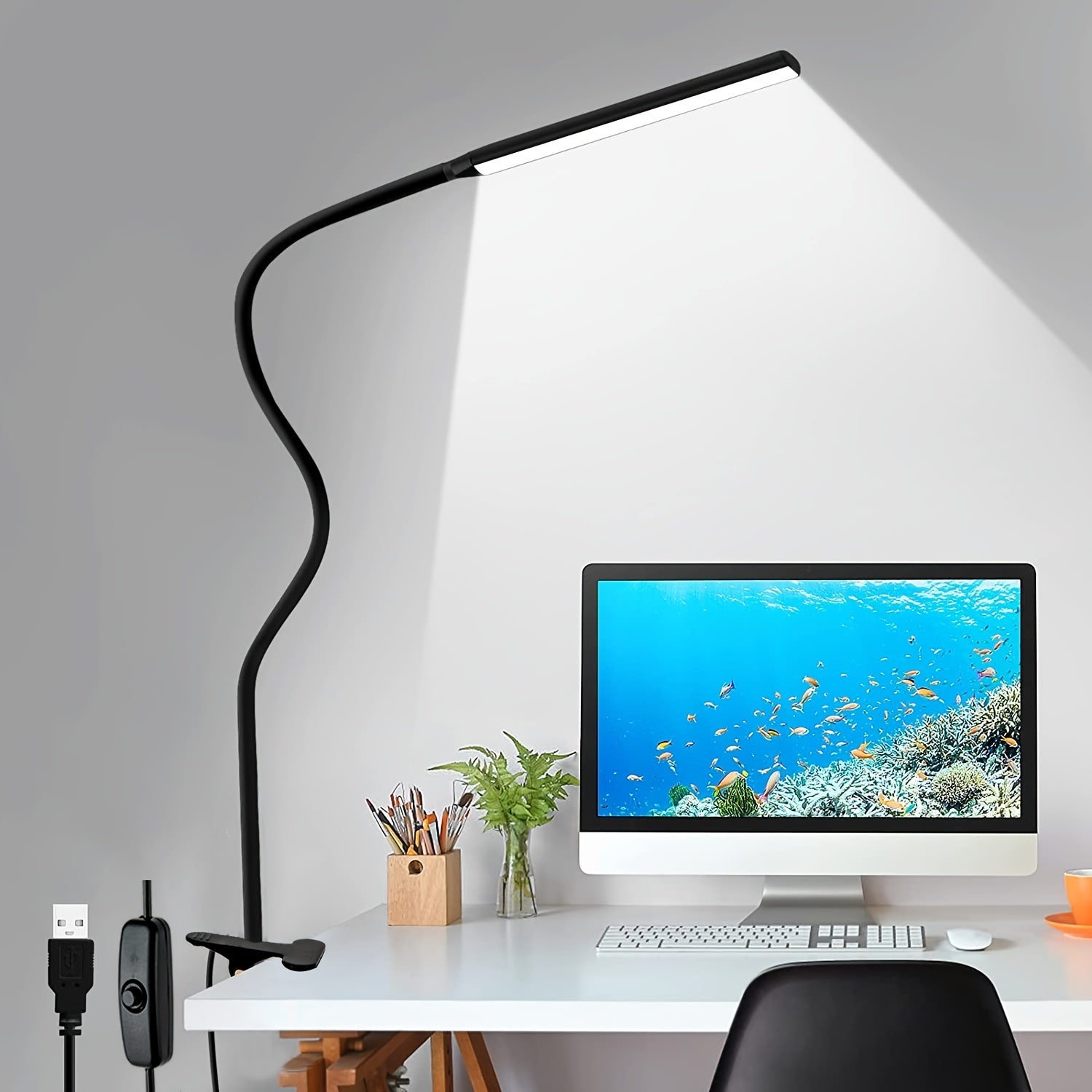 1pc U05 LED Desk Lamp, DLXTECH Swing Arm Desk Lamp (with Fixture), Flexible Gooseneck Work Light, Eye Care Architect Desk Lamp, USB Power Cord (with Switch), Home Office Functional Desk Lamp