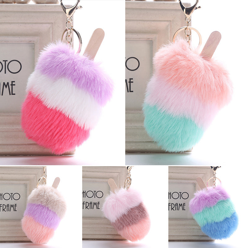 Fur Pom Pom  Keychain Ice Cream Bag Purse Charm Yummy Metal Ring Fluffy Fur Ball Food Fashion Gift Charm