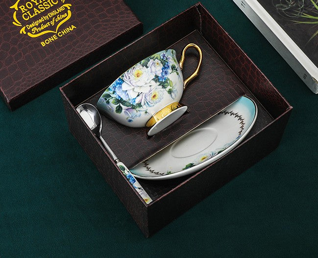 Elegant British Ceramic Coffee Cups, Unique Tea Cup and Saucer in Gift Box, Royal Bone China Porcelain Tea Cup Set, Rose Flower Pattern Ceramic Cups