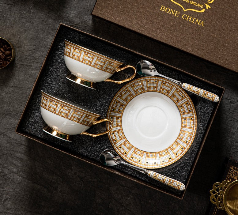 Handmade Elegant British Ceramic Coffee Cups, Unique Tea Cup and Saucer in Gift Box, Bone China Porcelain Tea Cup Set for Office, Yellow Ceramic Cups