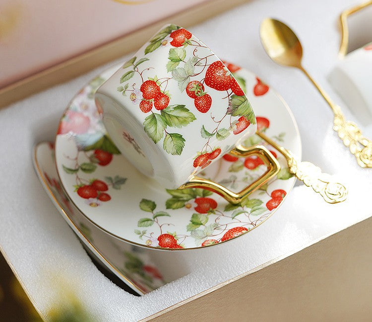 Strawberry Bone China Porcelain Tea Cup Set, Elegant Ceramic Coffee Cups, British Royal Ceramic Cups for Afternoon Tea, Unique Blue Tea Cup and Saucer in Gift Box