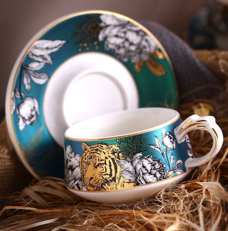Handmade Ceramic Cups with Gold Trim and Gift Box, Jungle Tiger Cheetah Porcelain Coffee Cups, Creative Ceramic Tea Cups and Saucers