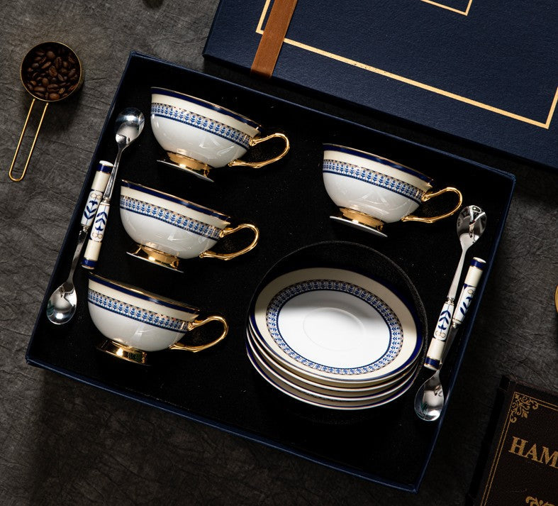 Elegant British Ceramic Coffee Cups, Unique British Tea Cup and Saucer in Gift Box, Blue Bone China Porcelain Tea Cup Set