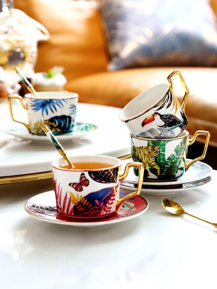 Coffee Cups with Gold Trim and Gift Box, Jungle Leopard Pattern Porcelain Coffee Cups, Tea Cups and Saucers