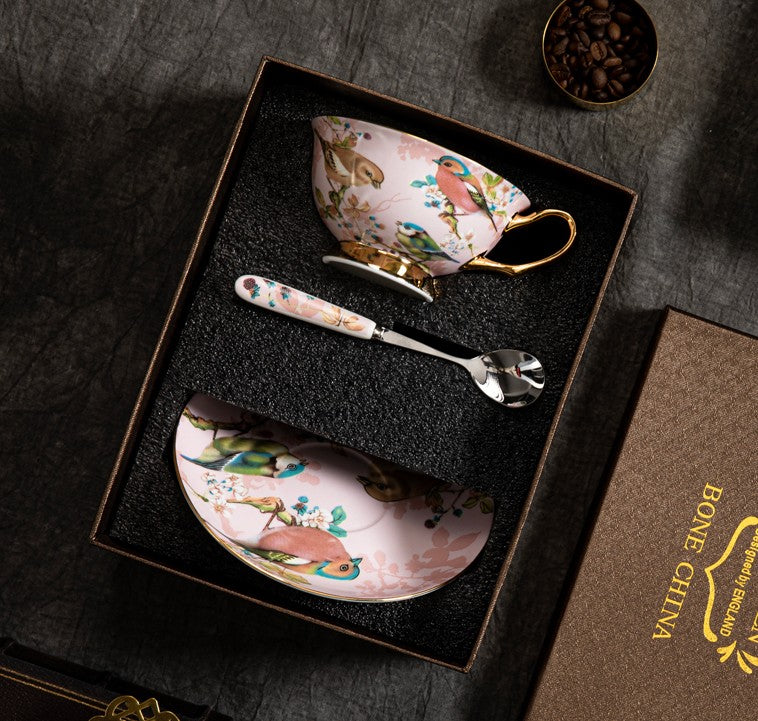 Unique Tea Cup and Saucer in Gift Box, Lovely Birds Ceramic Cups, Elegant Ceramic Coffee Cups, Afternoon Bone China Porcelain Tea Cup Set