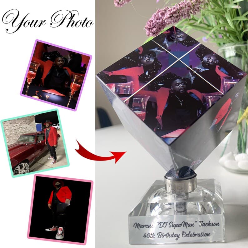 3d photo crystal, crystal photo cube, 3d glass photo, personalize photo gift, Custom Spinning Crystal Photo Cube, Photo frame Christmas gift ktclubs.com