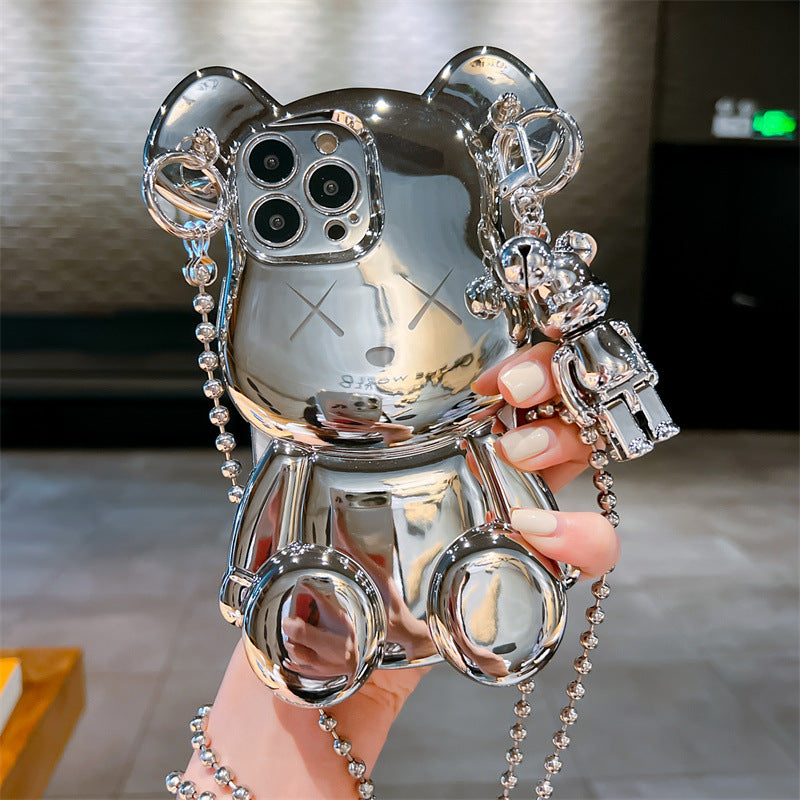 Cute 3D Cartoon Silver Goolden Teddy Bear Shaped Phone Case With Metal Chain Strap Bell Pendant