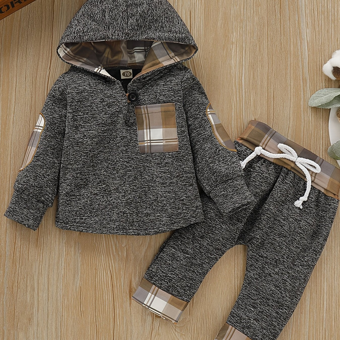 2pcs Baby Boys Plaid Printed Hoodies Winter Sweatshirt & Contrast Trim Sets