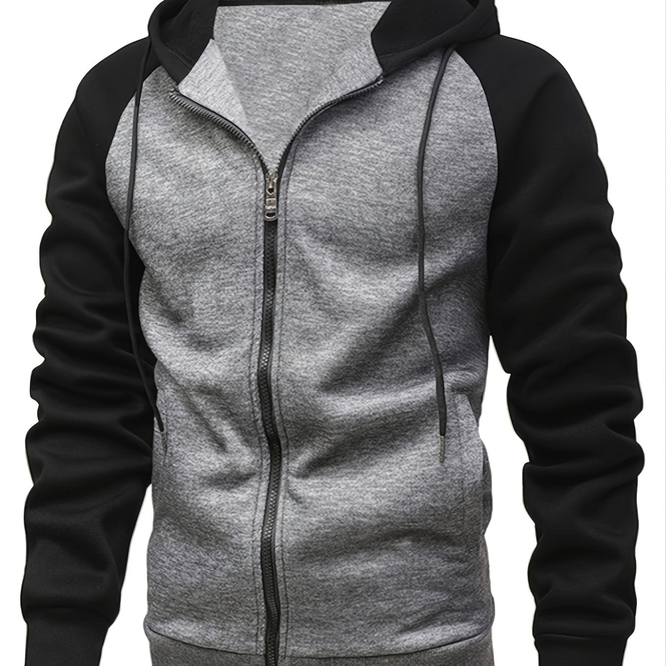 Fall/Winter Men's Colorblock Raglan Sleeve Zip Up Drawstring Hoodie