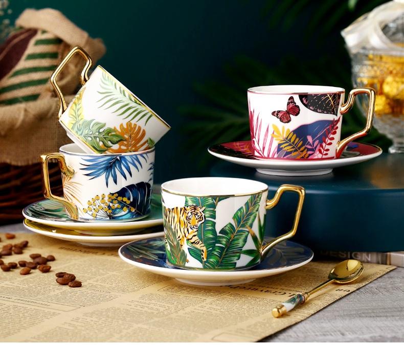 Elegant Porcelain Coffee Cups, Coffee Cups with Gold Trim and Gift Box, Tea Cups and Saucers, Jungle Animal Porcelain Coffee Cups