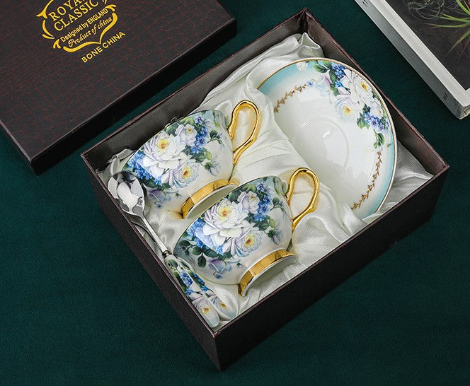 Elegant British Ceramic Coffee Cups, Unique Tea Cup and Saucer in Gift Box, Royal Bone China Porcelain Tea Cup Set, Rose Flower Pattern Ceramic Cups