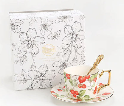 Strawberry Bone China Porcelain Tea Cup Set, Elegant Ceramic Coffee Cups, British Royal Ceramic Cups for Afternoon Tea, Unique Blue Tea Cup and Saucer in Gift Box