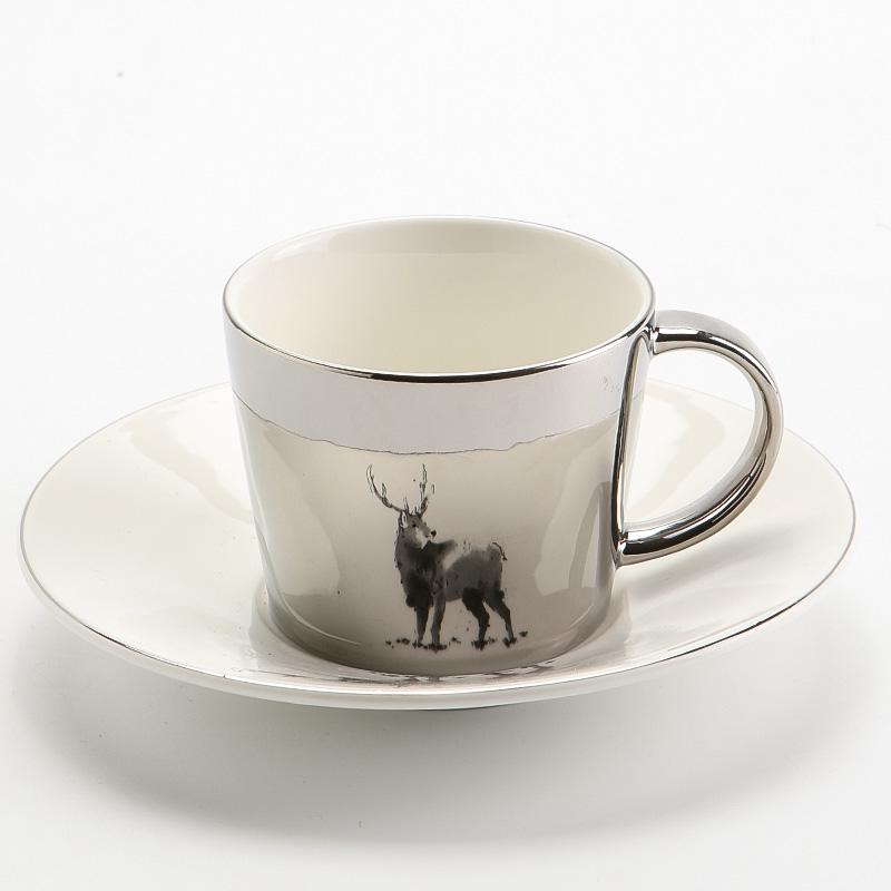 Elk Golden Coffee Cup, Silver Coffee Mug, Coffee Cup and Saucer Set, Large Coffee Cups, Tea Cup, Ceramic Coffee Cup