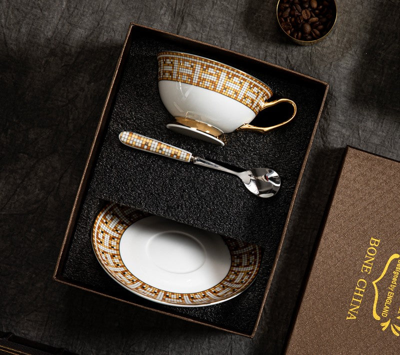 Handmade Elegant British Ceramic Coffee Cups, Unique Tea Cup and Saucer in Gift Box, Bone China Porcelain Tea Cup Set for Office, Yellow Ceramic Cups