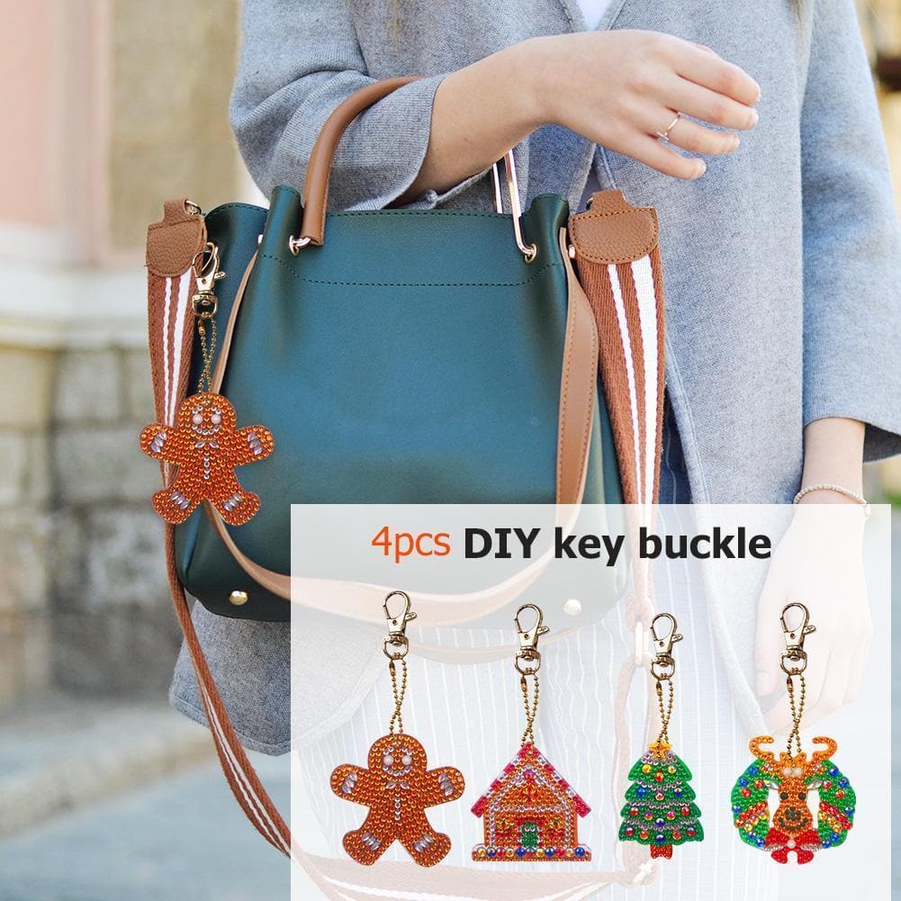 4pcs  Xmas Tree Elk DIY Full Drill Special Shaped Diamond  Keychain ktclubs.com