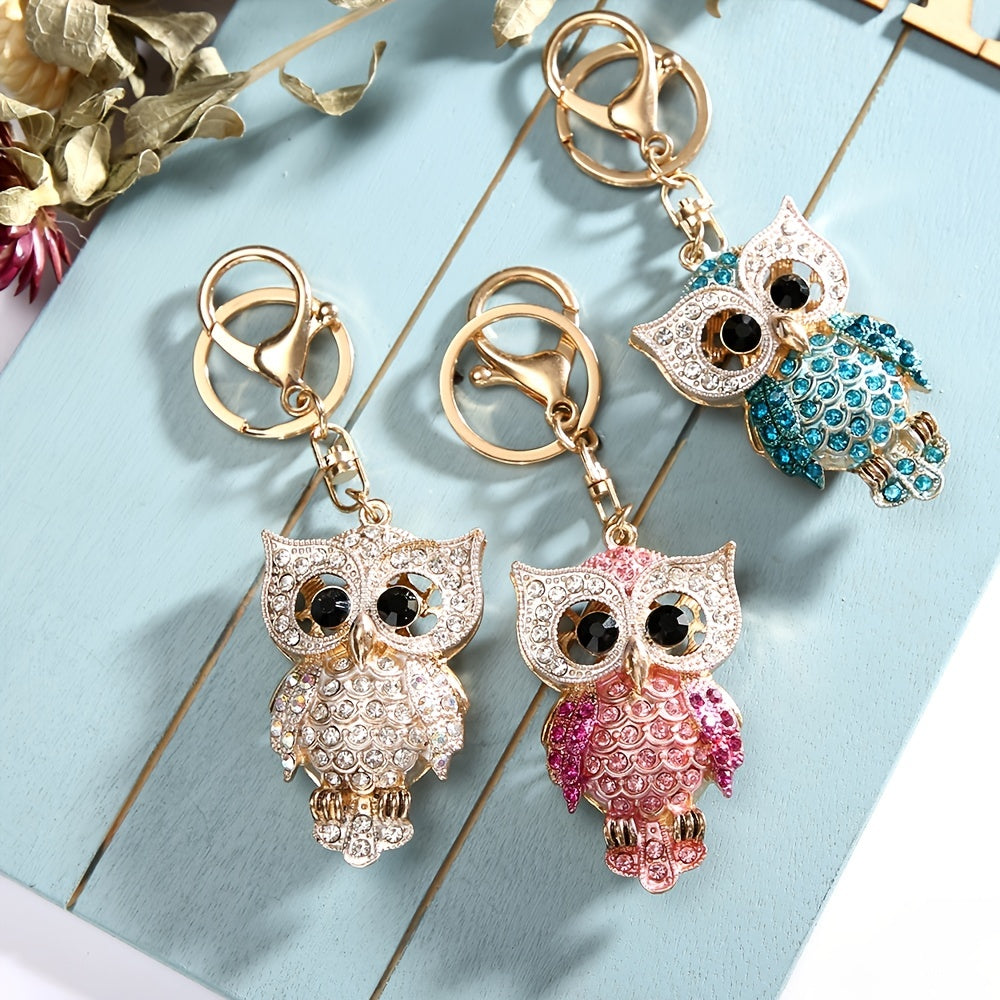Key Chain For Women , Cute Owl Keychain Sparkling Rhinestones Pendant Metal Key Stylish Jewelry Accessory Gift