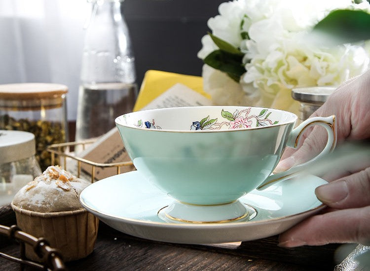 Elegant Sky Green Ceramic Cups, Unique Royal Coffee Cup and Saucer, Creative Bone China Porcelain Tea Cup Set, Beautiful British Tea Cups