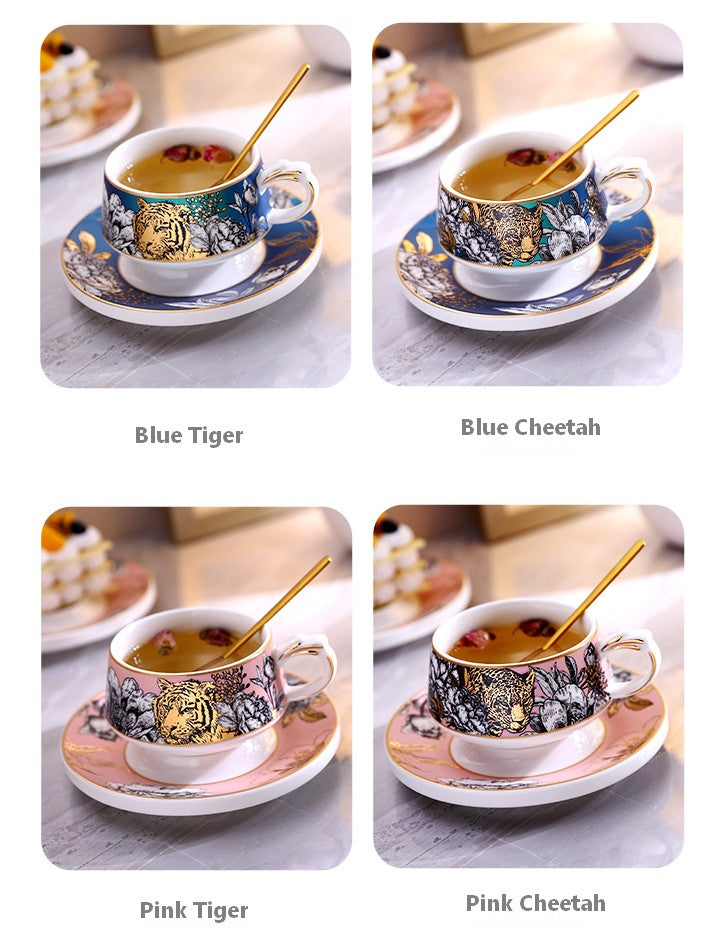 Creative Ceramic Tea Cups and Saucers, Jungle Tiger Cheetah Porcelain Coffee Cups, Unique Ceramic Cups with Gold Trim and Gift Box