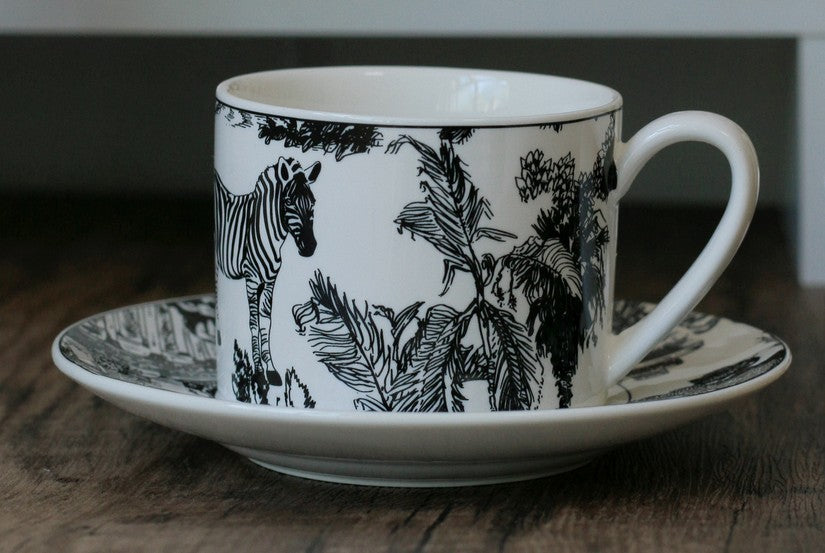 Unique Tea Cup and Saucer in Gift Box, Zebra Jungle Bone China Porcelain Tea Cup Set, Royal Ceramic Cups, Elegant Ceramic Coffee Cups