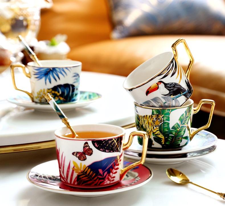 Jungle Animals Porcelain Coffee Cups, Coffee Cups with Gold Trim and Gift Box, Tea Cups and Saucers