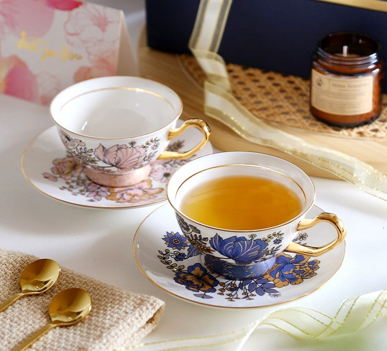 Elegant Ceramic Coffee Cups, Afternoon British Tea Cups, Unique Iris Flower Tea Cups and Saucers in Gift Box, Royal Bone China Porcelain Tea Cup Set