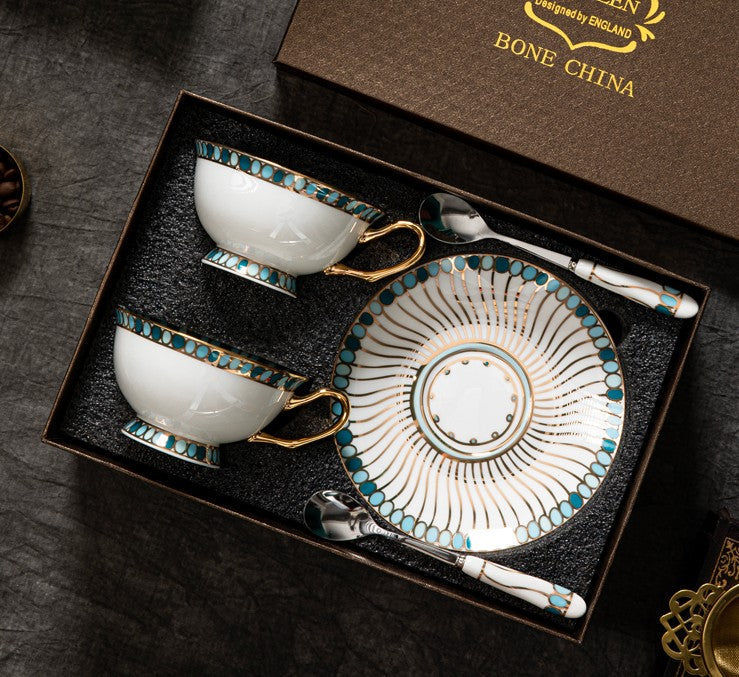 Unique Tea Cup and Saucer in Gift Box, Elegant British Ceramic Coffee Cups, Bone China Porcelain Tea Cup Set for Office, Green Ceramic Cups