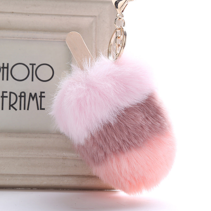 Fur Pom Pom  Keychain Ice Cream Bag Purse Charm Yummy Metal Ring Fluffy Fur Ball Food Fashion Gift Charm