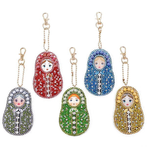 5pcs DIY Full Drill Diamond Painting Special Shaped Russian Doll Keychain ktclubs.com