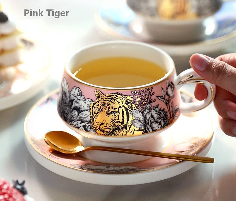 Creative Ceramic Tea Cups and Saucers, Jungle Tiger Cheetah Porcelain Coffee Cups, Unique Ceramic Cups with Gold Trim and Gift Box