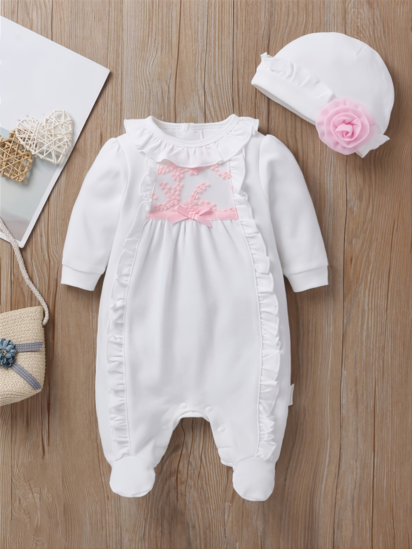 Baby Lace Bow Decor Footed Jumpsuit Baby Clothes