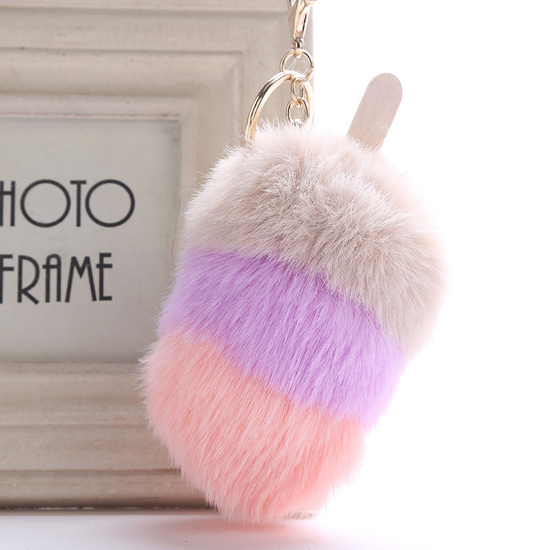 Fur Pom Pom  Keychain Ice Cream Bag Purse Charm Yummy Metal Ring Fluffy Fur Ball Food Fashion Gift Charm