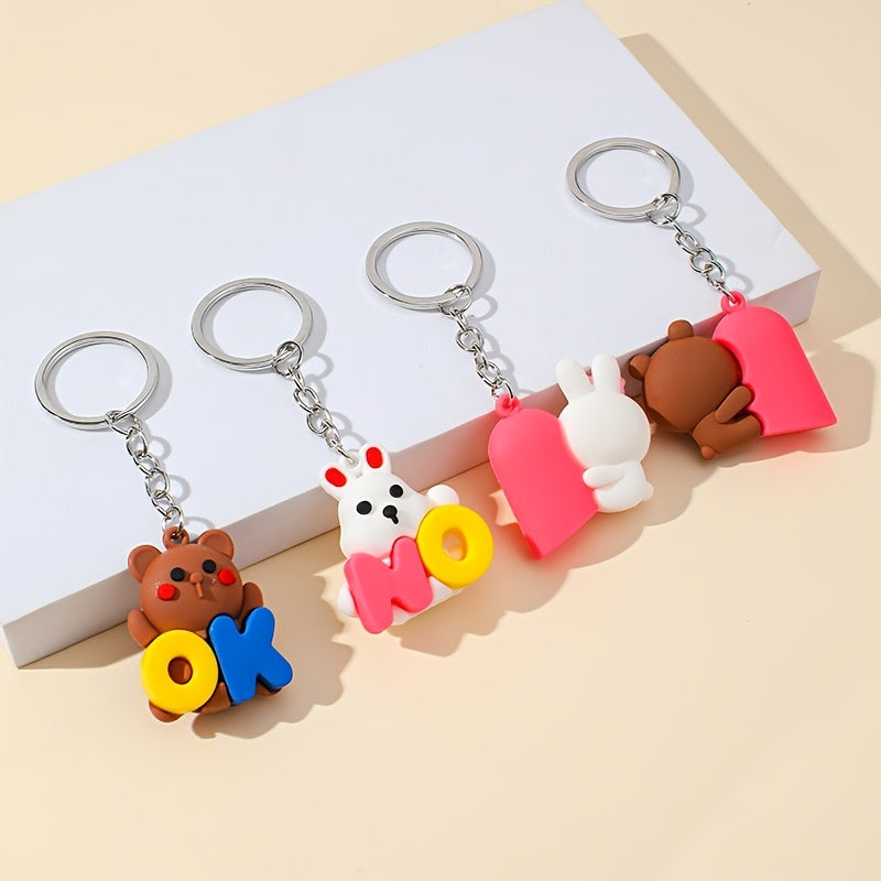 2pcs/set 3D Anime Creative Couple Bear Rabbit  Keychain Bag Car Key Accessories Gift