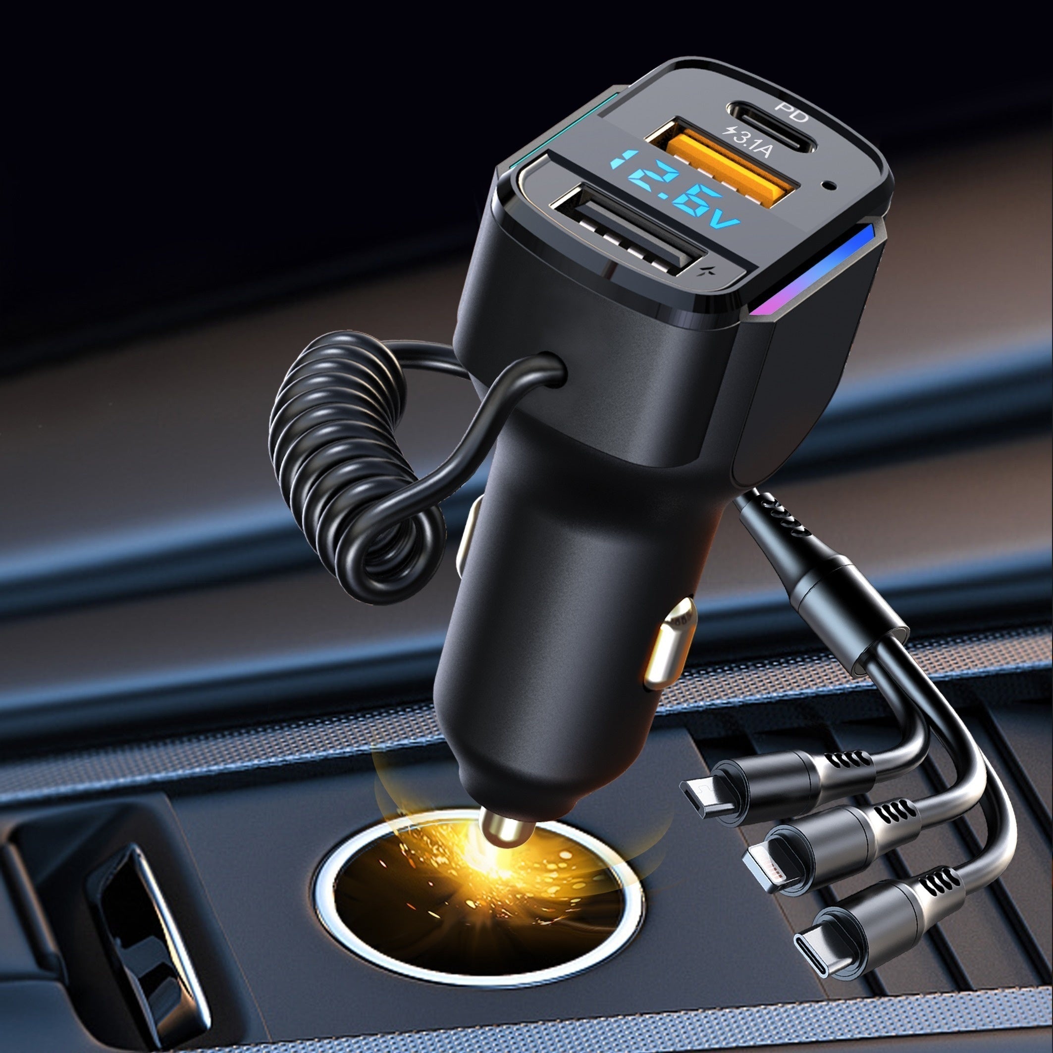 65W 3-port USB PD Fast Car Charger (K4) QC3.1 Type C 3-in-1 Car Charger 2 USB Charging Ports + 1 Type C Fast Charging  Type C