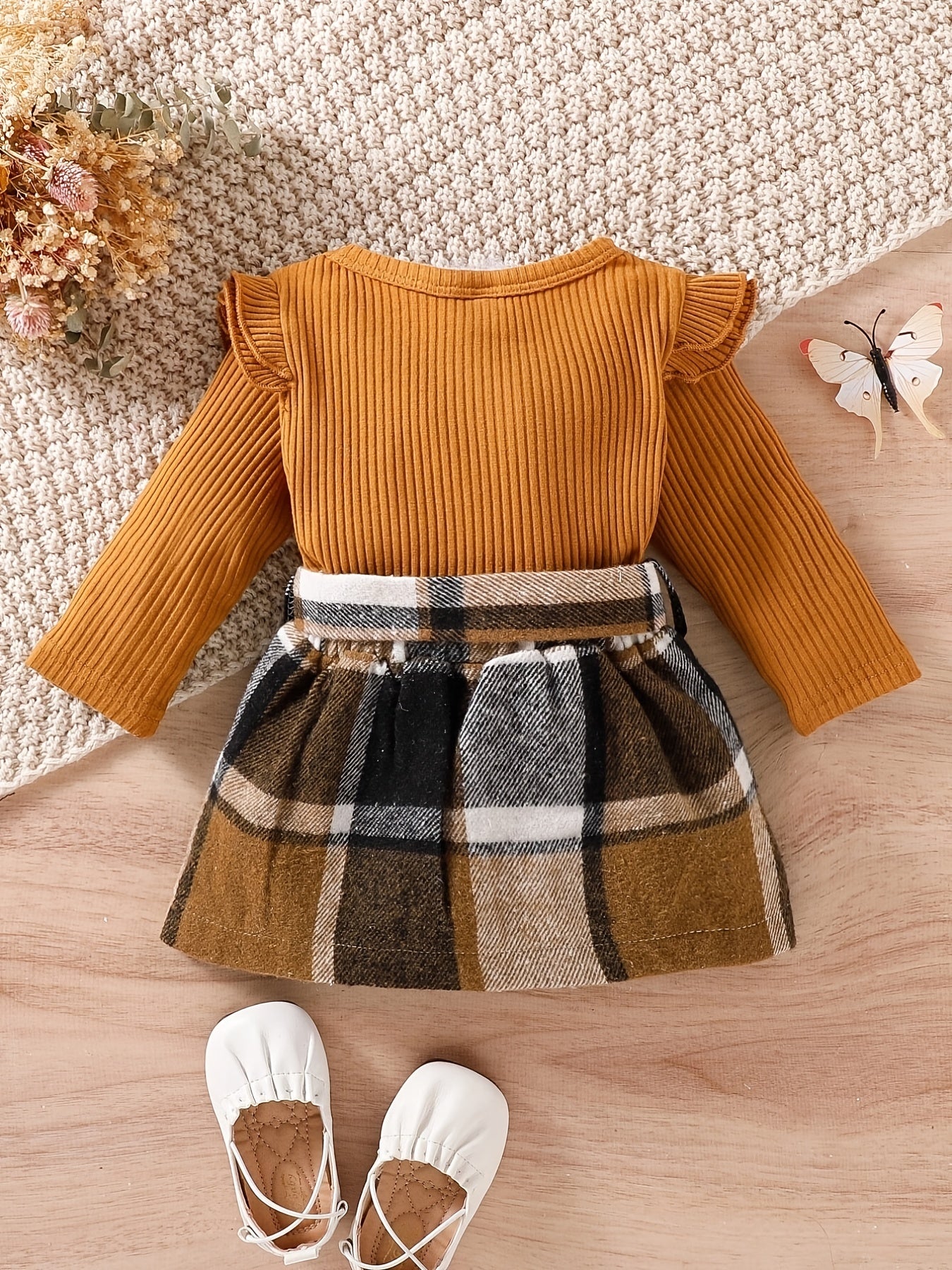 Baby Girls Ruffled Knitted Sweater & Plaid Bow Skirt Set For Winter