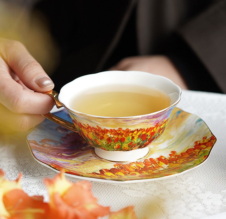 Elegant Ceramic Coffee Cups, Flower Field Vintage Bone China Porcelain Tea Cup Set, Unique British Tea Cup and Saucer in Gift Box, Royal Ceramic Cups