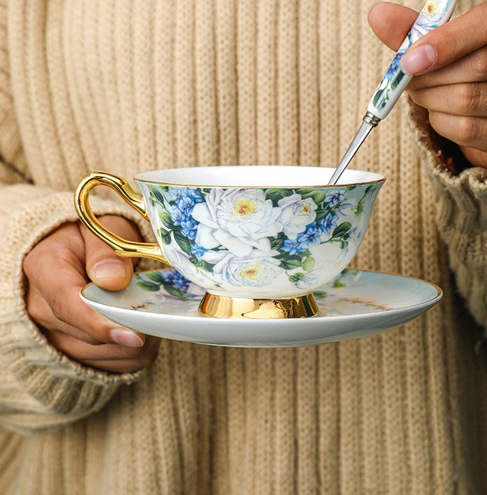 Elegant British Ceramic Coffee Cups, Unique Tea Cup and Saucer in Gift Box, Royal Bone China Porcelain Tea Cup Set, Rose Flower Pattern Ceramic Cups