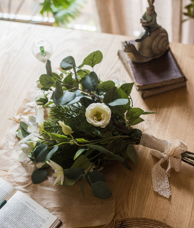 Eucalyptus Globulus, Clematis, White Rose Flowers, Unique Flower Arrangement for Home Decoration, Beautiful Modern Artificial Flowers for Dining Room Table