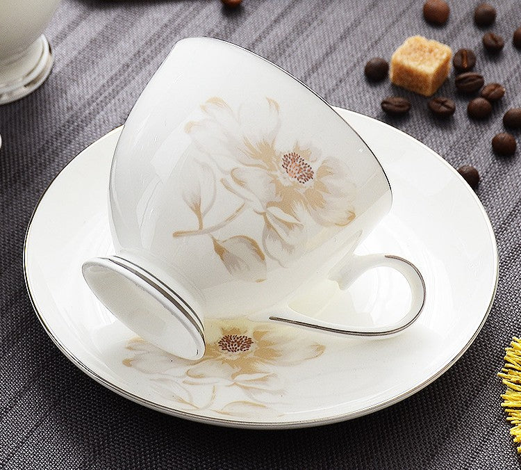 Elegant Flower Pattern Ceramic Coffee Cups, Beautiful British Tea Cups, Unique Porcelain Cup and Saucer, Creative Bone China Porcelain Tea Cup Set