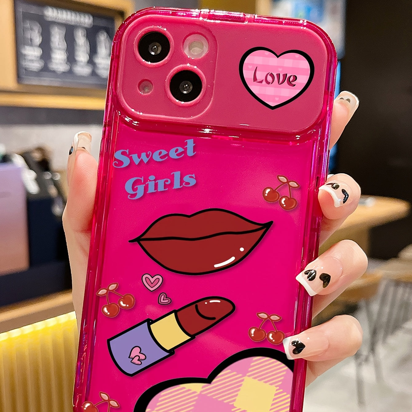 1pc Phone Case With Lips & Lipstick Pattern, Cartoon Phone Case With Mirror