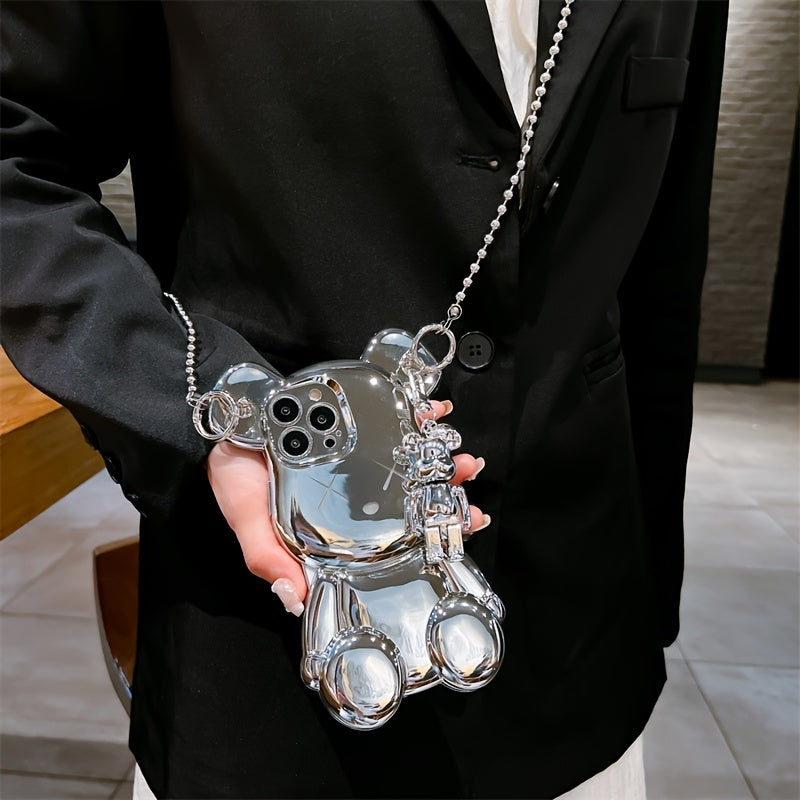 Cute 3D Cartoon Silver Goolden Teddy Bear Shaped Phone Case With Metal Chain Strap Bell Pendant