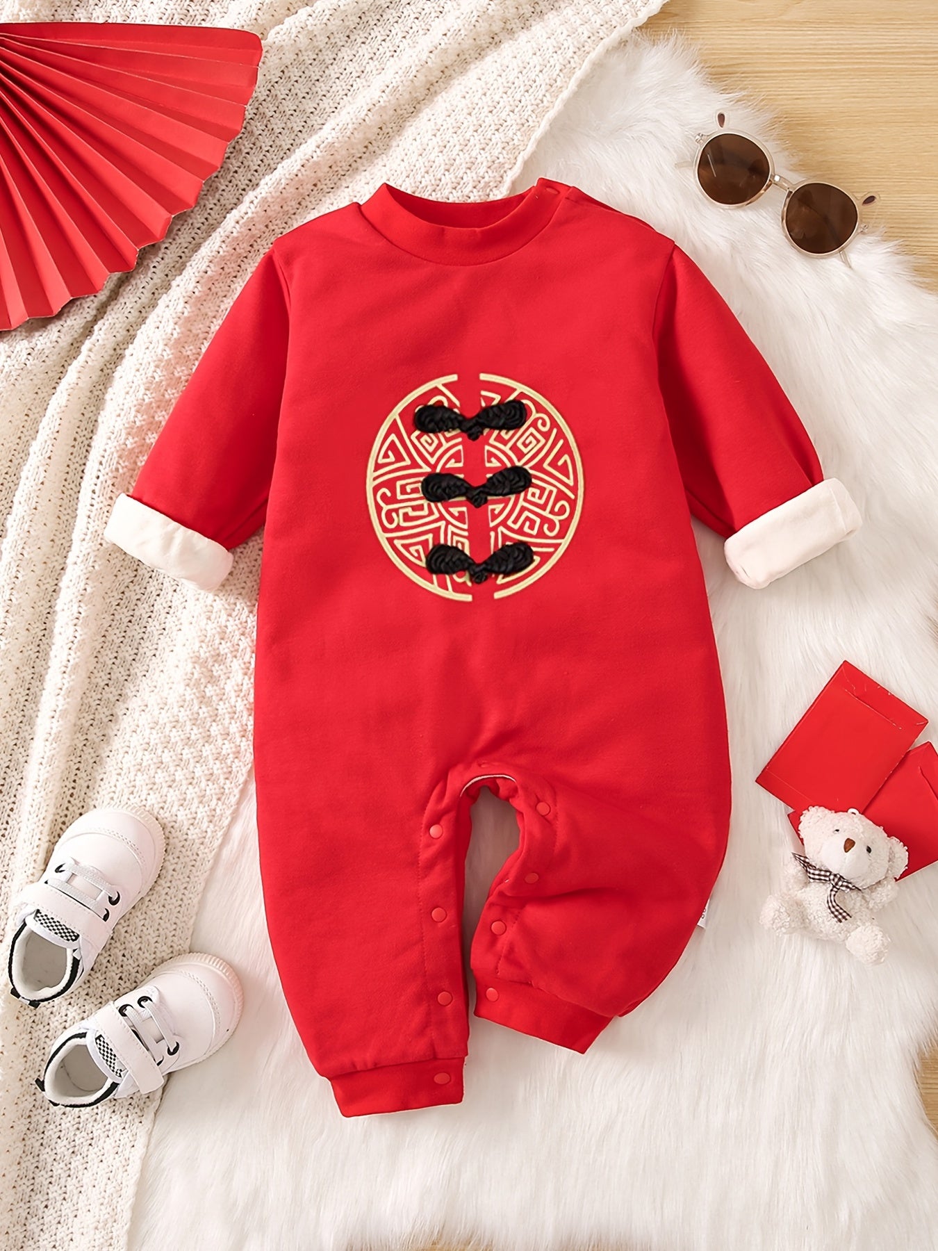 Baby Girls Cotton Thick Long Sleeve Jumpsuit With Chinese Knot Decor For Winter Chinese New Year Clothes